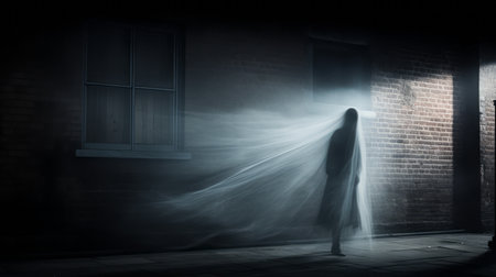 a ghostly figure is walking down the street at nightの素材