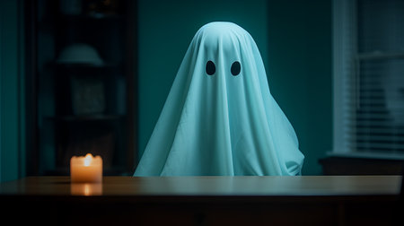a ghost sitting at a table with a candleの素材