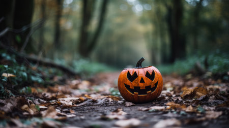 a halloween pumpkin sitting in the middle of a forestの素材