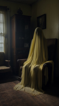 a ghostly figure sits in a chair in an empty roomの素材