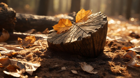 a fallen leaf sits on top of a stump in the woodsの素材