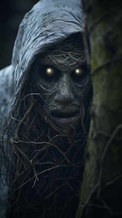 a creepy looking man with long hair and a hood on his headの素材