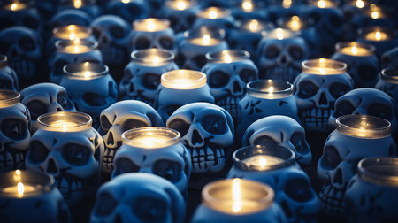 a large group of skulls with lit candlesの素材