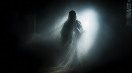 a ghostly figure in a dark room with light coming from the doorの素材