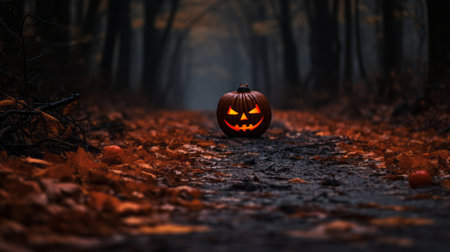 a halloween pumpkin in the middle of a dark forestの素材