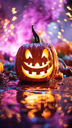 a halloween pumpkin with glowing eyes on the waterの素材