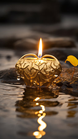 a golden candle sitting on top of a rock in the waterの素材