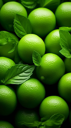 a pile of green limes with leavesの素材
