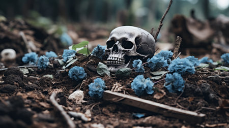 a skull is sitting on the ground surrounded by blue flowersの素材