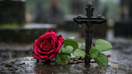a red rose sits on top of a tombstone in the rainの素材