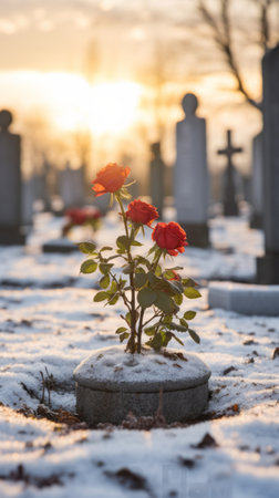 a single red rose is growing out of a tombstone in a snow covered cemeteryの素材