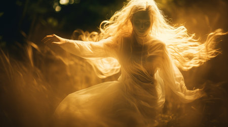 a woman in a white dress is running through the grassの素材