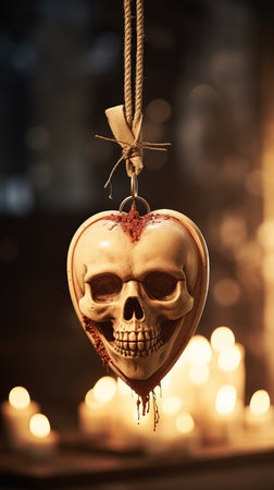 a skull hanging from a rope with candles in the backgroundの素材