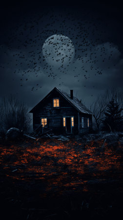 an old house in the middle of a field with crows flying over itの素材
