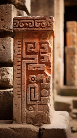ancient carvings on a stone pillar in an ancient buildingの素材