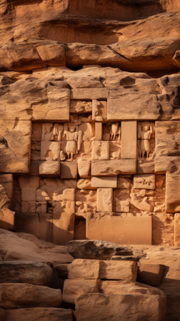 ancient carvings on the side of a cliff in the desertの素材