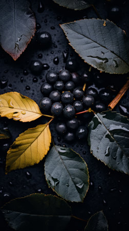 leaves and berries on a black background with water dropletsの素材