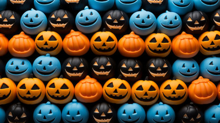 many halloween pumpkins are arranged in a rowの素材
