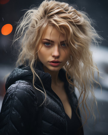 a beautiful blonde woman with long hair in the rainの素材