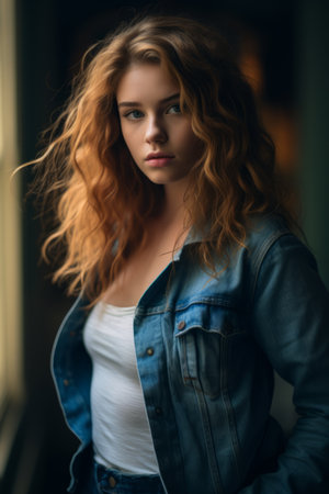 a beautiful redhead woman in a denim jacketの素材