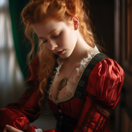 a beautiful red haired woman in a red dressの素材