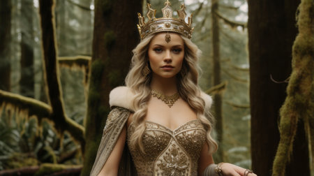 a beautiful blonde woman wearing a crown in the woodsの素材