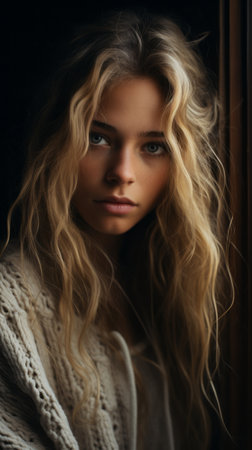 a beautiful blonde woman with long hair looking into the cameraの素材
