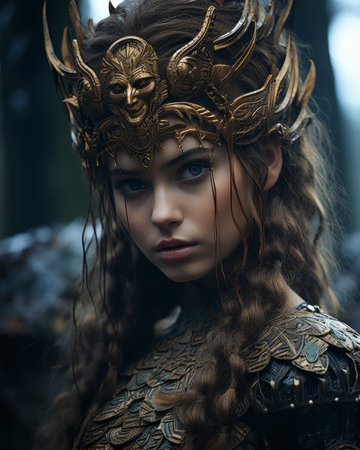 a beautiful woman wearing a headdress in the woodsの素材