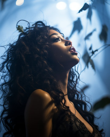 a beautiful woman with long curly hair in the darkの素材