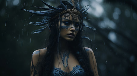 a beautiful woman in the rain with feathers on her headの素材