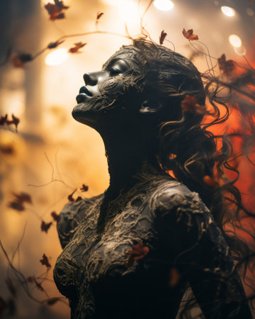 a beautiful woman with long hair and leaves in her hairの素材