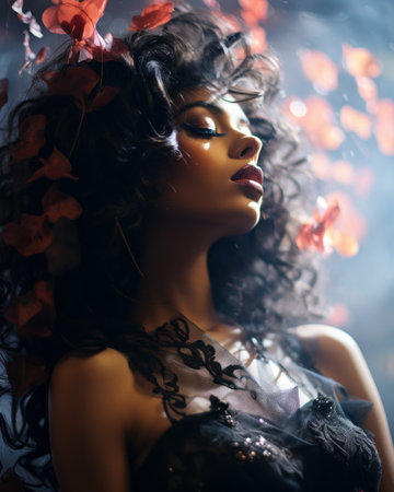 a beautiful woman with red flowers in her hairの素材