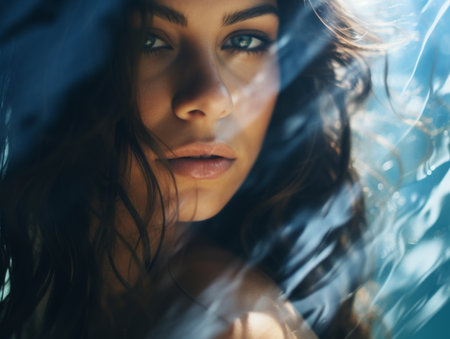 a beautiful woman with long hair in the waterの素材