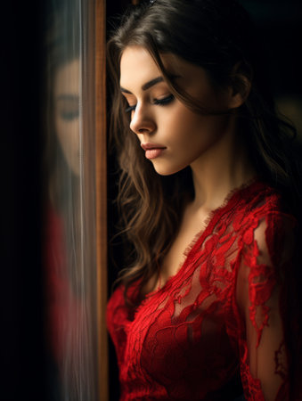 a beautiful woman in a red dress looking out the windowの素材