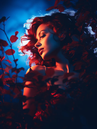a beautiful woman with red hair in the darkの素材