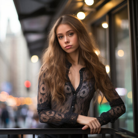 a beautiful young woman in a black lace top posing for the cameraの素材