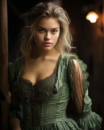 a beautiful young woman in a green dressの素材