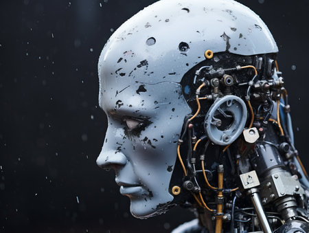 a close up of a robot head with wires attached to itの素材