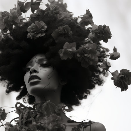 a black and white photo of a woman with flowers in her hairの素材