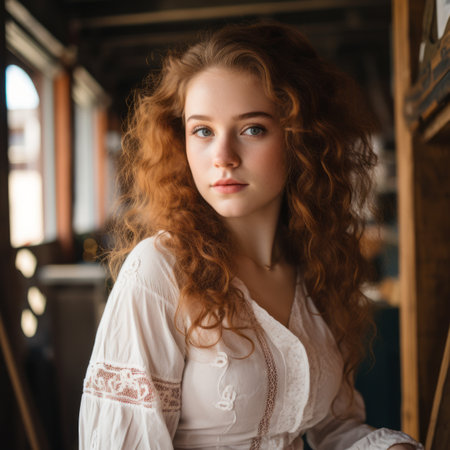 a beautiful young woman with red hair posing for a portraitの素材