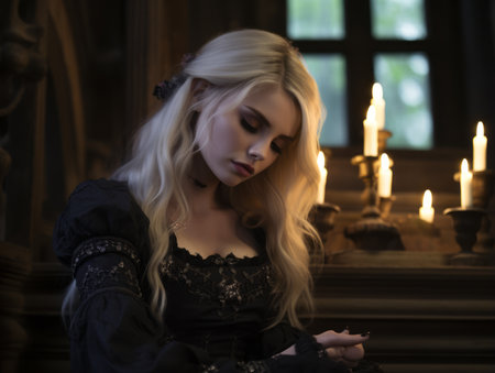 a blonde woman in a black dress sitting in front of candlesの素材