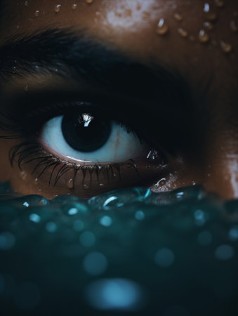 a close up of a persons eye with water droplets on itの素材
