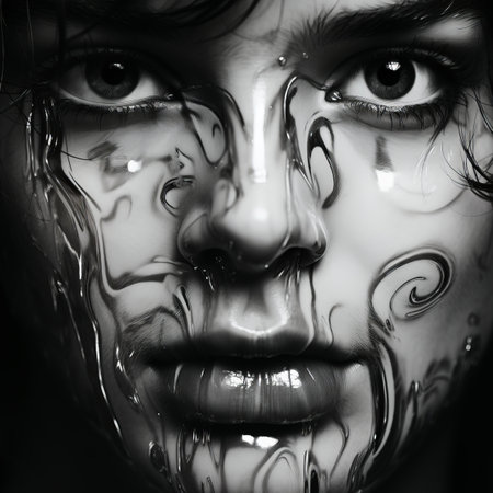 a black and white photo of a woman with her face covered in paintの素材