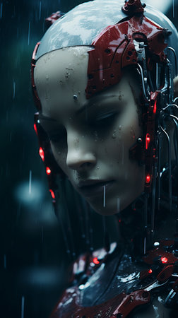 a close up of a robot in the rainの素材