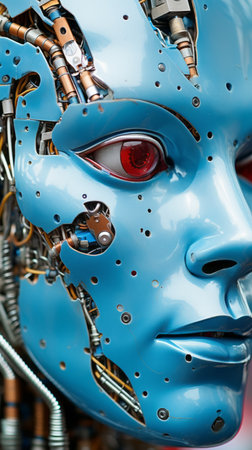 a close up of a robot head with red eyesの素材