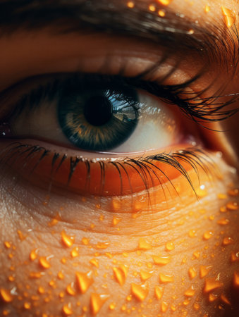 a close up of a womans eye with water droplets on itの素材