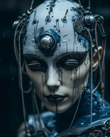 a close up of a woman wearing an alien headpieceの素材