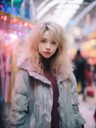 a girl with blonde hair standing in a mallの素材
