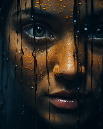 a close up of a womans face with rain drops on her faceの素材