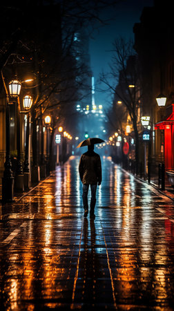 a man walking down a wet street at night with an umbrellaの素材